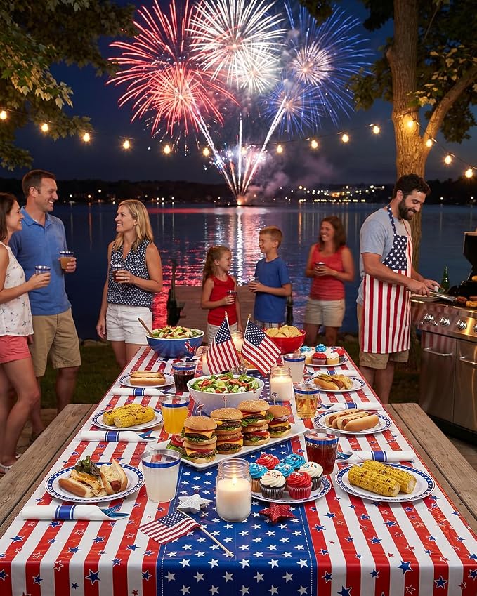 Goodluck 350 Piece 4th of July Blue Star Plastic Dinnerware Set for 50 Guests, Disposable Plates for Independence Day Supplies, Include: 100 Plates, 50 Pre Rolled Napkins with Silverware, 50 Cups