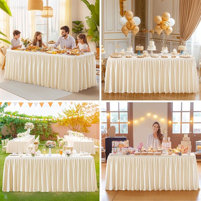 1 Pack Champagne Tablecloths for Rectangle Tables 4ft, Wrinkle Resistant Spandex Tablecover Fitted Stretch Table Cloth with Pleated Ruffle Table Skirts for Party Banquet Dining Birthday Wedding