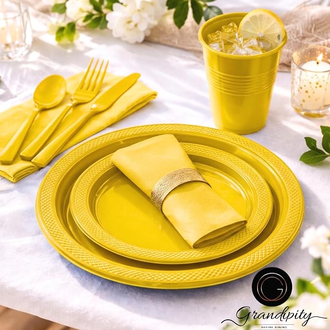 Grandipity 350 Piece Yellow Disposable Dinnerware Set, Includes 50 of Each: 9" Dinner Plates, 7" Dessert Plates, 12oz Cups, Paper Napkins, Forks, Knives & Spoons