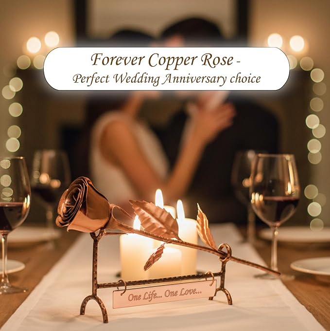 Personalized Copper Rose with Stand - Custom Engraved for 7th or 22nd Wedding - Handmade Solid Copper Flower - Unique Gift for Her or Him