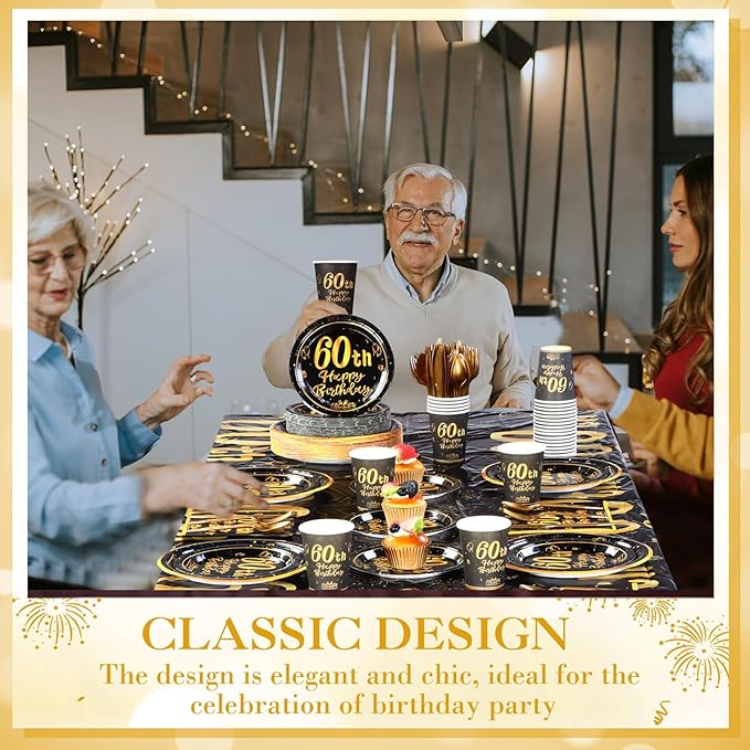 Funnymoom 452 Pcs 60th Birthday Party Decoration Supplies Black and Gold 60th Birthday Paper Plates and Napkins Cups Tablecloth Cutlery Straws Disposable Tableware for Cheers to 60 Years Anniversary
