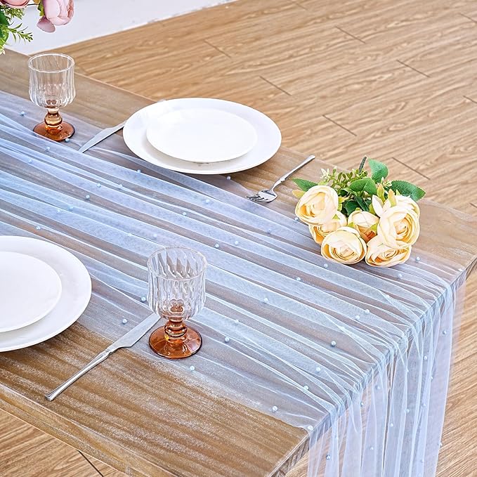 Pearl Table Runner Wedding Centerpieces: 10ft Pearl Table Decor 29x120 Inch Tulle Chiffon Fabric for Decor Birthday Party Dining Table Cover (Baby Blue)