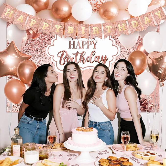 35th Birthday Decorations for Women, 52pcs Sweet Rose Gold Happy 35 Birthday Decorations Including 35th Rose Gold Crown, Sash, Banner, Background for 35 Party Decorations Set