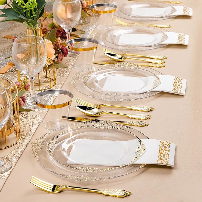 Bestluck 350PCS Clear Gold Plastic Plates for 50 Guests, Disposable Dinnerware Set Includes 100 Clear Disposable Plates, 150 Gold Silverware, 50 Cups, 50 Napkins for Party, Wedding