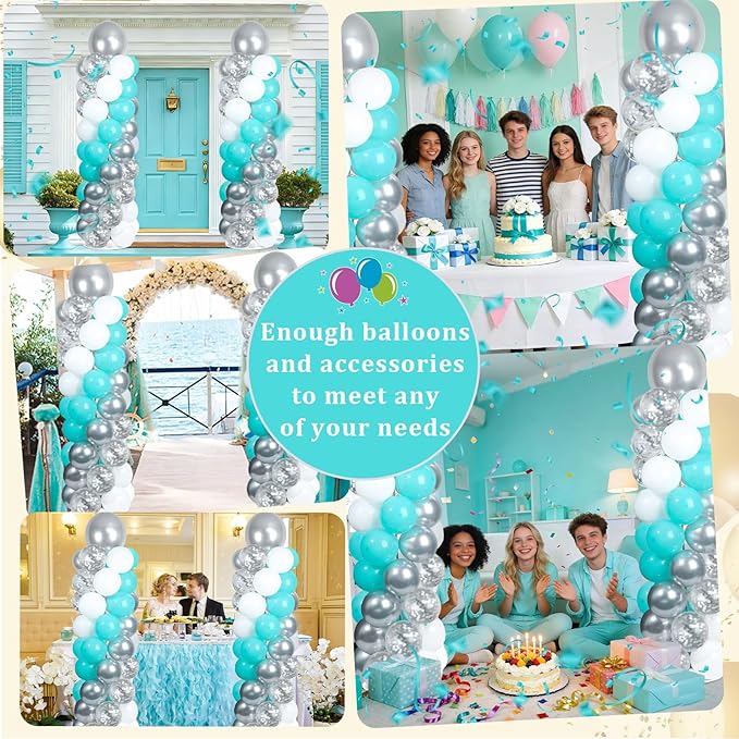 2 Sets Teal Blue Silver White Balloon Column Stand Kit with 102 Balloons Adjustable Balloon Tower Stand with Bases for Floor Confetti Silver Balloons Column Kit for Graduation Birthday Party Decor