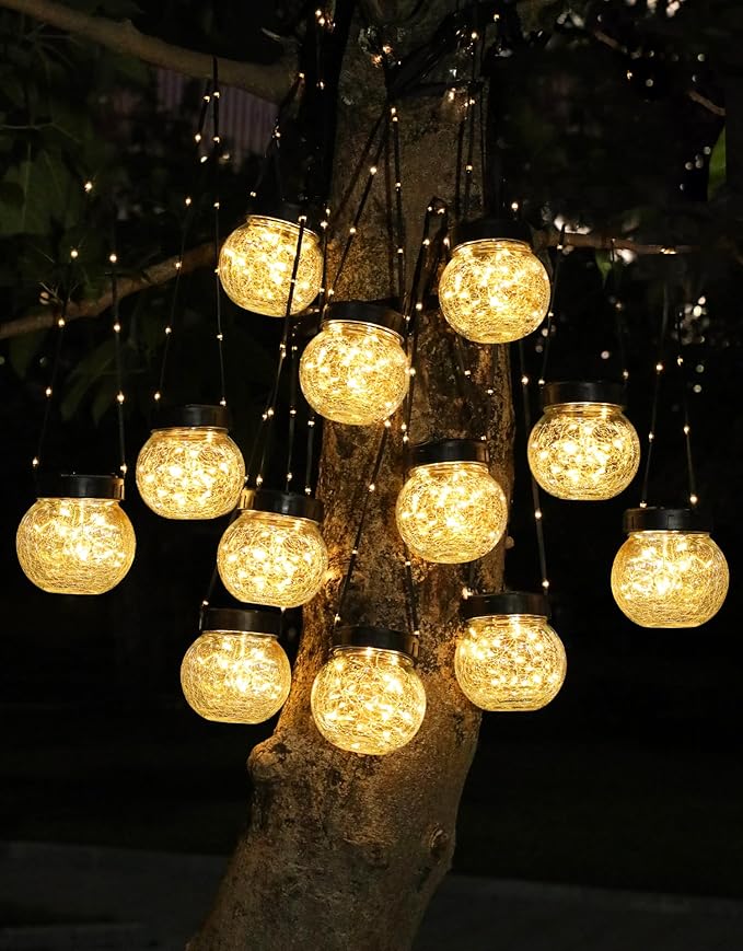 PARTPHONER Solar Lights Outdoor Waterproof 24-Pack, Solar Powered Hanging Lantern Cracked Glass Hanging Globes for Yard Decor Christmas Decoration, Shepherd Hook, Garden Tree Table Ornaments, Warm