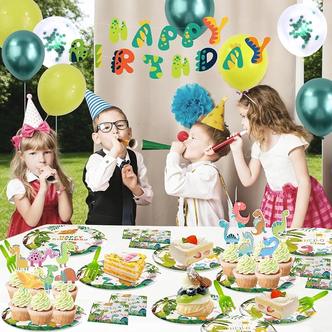 Dinosaur Birthday Decorations - 24 Guests Dino Party Decorations Set, Jurassic Dinosaur Birthday Party Supplies Kit for Kids 3 4 5 Years