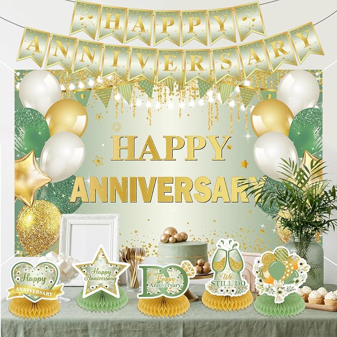 First Wedding Anniversary Decorations, Sage Green Happy Anniversary Banner Anniversary Honeycomb Centerpieces Wedding Party Backdrop for Marriage Celebrations Surprise Events Party Supplies