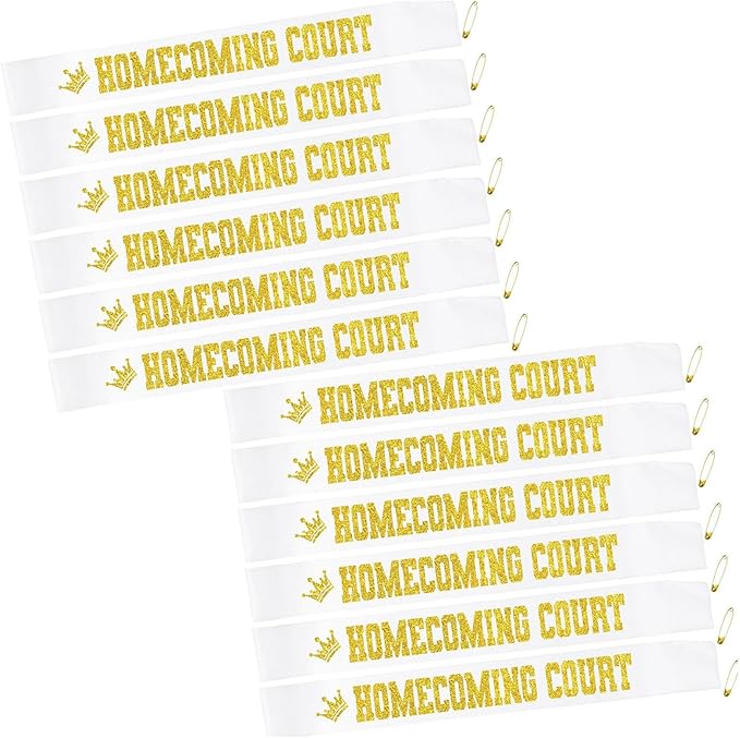 12PCS Homecoming Court Sash Glitter Letter for High School Dance Homecoming Party School Prom King Queen Royalty Graduation Party White Gold