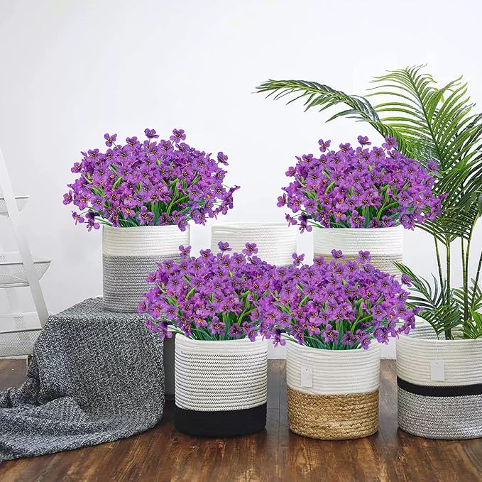 Lnoicy 12 Pcs Artificial Flowers for Outdoor,Plastic Flowers Decoration, UV Resistant Faux Flowers Shrubs, Artificial Plants for Indoor Outside Garden Home Wedding Farmhouse(Purple)