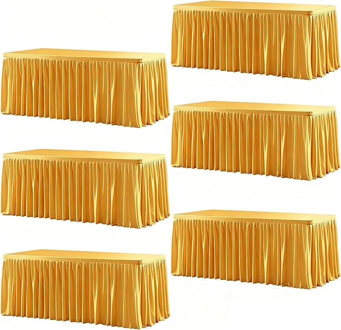 Wish Care 6 Pack Gold Rectangle Table Clothes for 8 Foot Tables, Polyester Fitted Tablecloths 8ft Stretch Table Cover for Wedding, Birthday, Parties, Trade Show, Craft Show