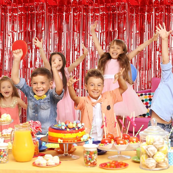 100 Pack Red Foil Fringe Backdrop Curtains 3.2ft x 8.2ft Tinsel Foil Fringe Curtains for Birthday Party Decorations Photo Booth Backdrop for Halloween Christmas New Year Holiday Decorations
