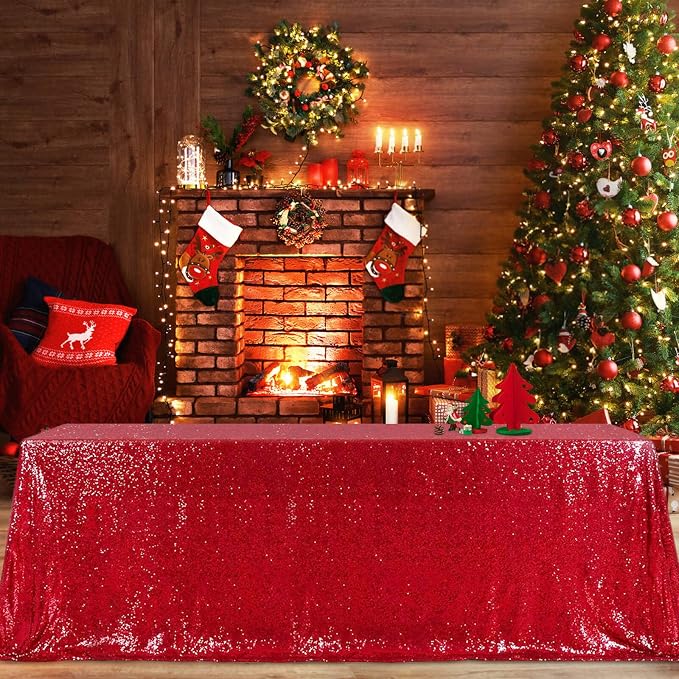 MoKoHouse Red Sequin Tablecloth Rectangle 50" x 80" Glitter Table Cloth Sparkly Fabric for Halloween Birthday Parties Cake Dessert Table Decorations