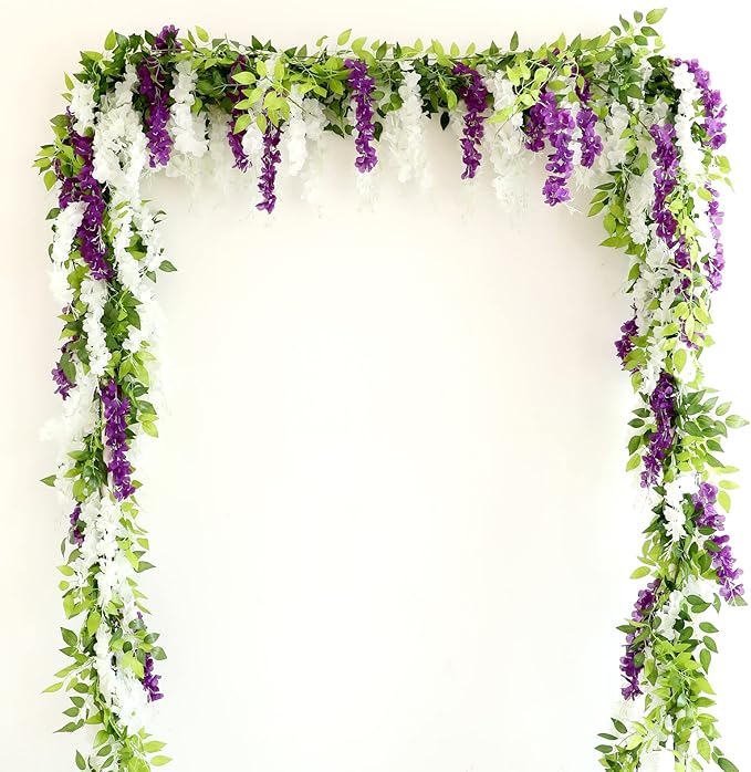 dallisten Wisteria Artificial Flowers Garland, 4Pcs 7.2Ft/Piece Silk Fake Wisteria Vine Kit, Hanging Flower for House Outdoor Garden Ceremony Outside Wedding Arch Floral Decor (4, Purple)