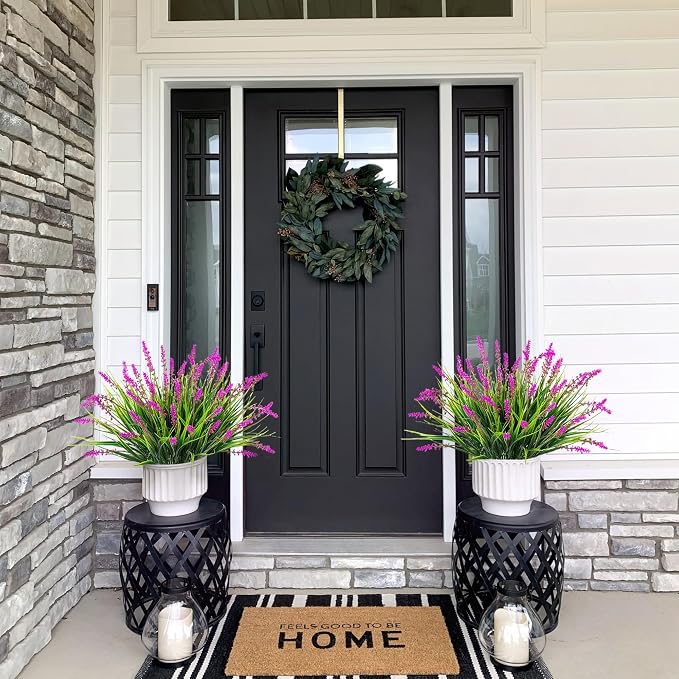 Artificial Flowers Faux Plants for Outdoor Decoration, 12 Bundles Fake Monkey Grass for Home Garden Front Porch Balcony, Lavender Flowers Shrubs UV Resistant No Fade Greenery Bush Planter (Lotus)