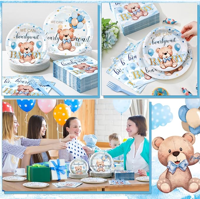Havawish 250 Pcs Blue Bear Baby Shower Plates and Napkins Decoration We Can Bearly Wait Party Supplies Tableware Set Severs 50 Disposable Plates for Baby Boy Gender Reveal Party Supplies