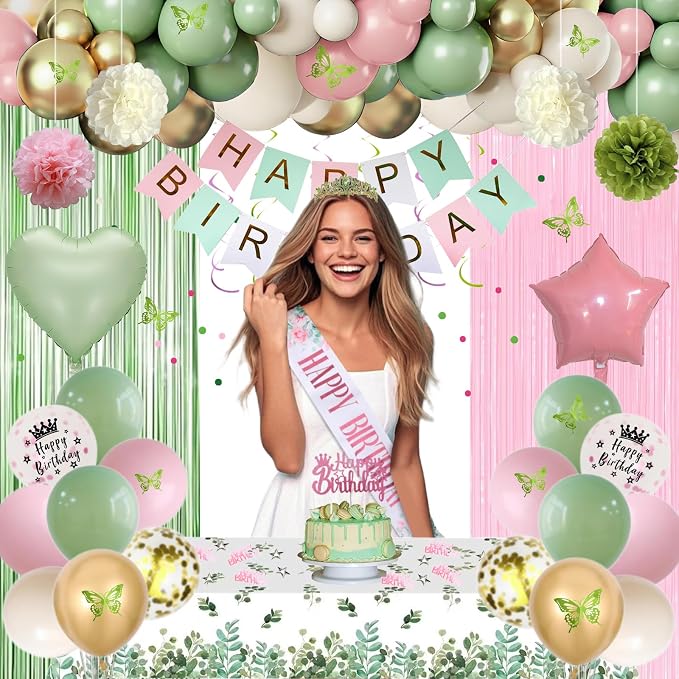 Pink and Sage Green Birthday Party Decorations with Happy Birthday Banner, Balloons, Sash, Crown, Butterfly, Hanging Swirls, Tablecloth, Fringe Curtain, Pompoms for Women Girls Princess Party Supplies