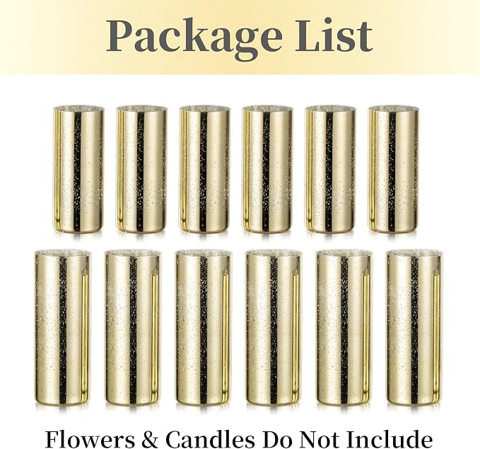 Glass Cylinder Vases Set of 12, Hewory Glittery Gold Vase for Centerpieces, Glass Hurricane Candle Holders for Pillar Floating Candle, Tall Round Vase for Wedding Anniversary Events Home Table Decor