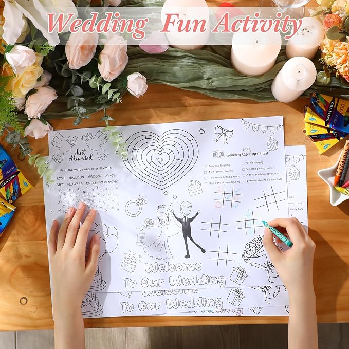 25 Set Wedding Games for Reception Wedding Coloring Placemats with Crayons 15.7 x 11 Inch Coloring Wedding Place Mats for Wedding Games Favors Entertainment Party Supplies