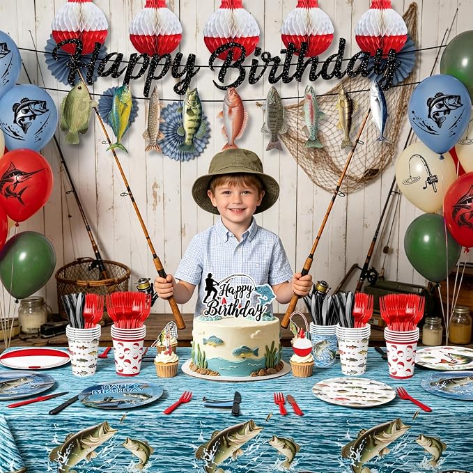 Fishing Birthday Party Decorations Kit with Plates, Napkins, Cups, Cutlery, Honeycomb Balls, Banner, Hanging Swirls, Tablecloths, Toppers, Balloons for Ofishally One Birthday Decorations, Serves 24