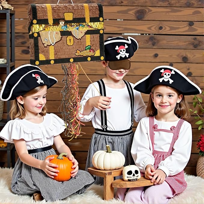 WERNNSAI Treasure Chest Piñata - Pull String Pirate Themed Piñata with Blindfold and Bat Adventure Birthday Party Decoration for Boys Kids Family Games Piñata Adventure Theme Party Supplies