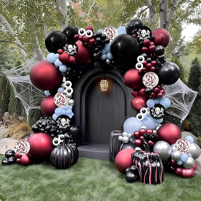 Halloween Balloon Garland Arch Kit, JZCZOEB 133Pcs Double Stuffed Red Black Blue Chrome Silver Balloons for Rose Skull Gothic Spooky Horror Theme Birthday Baby Shower Halloween Party Decorations