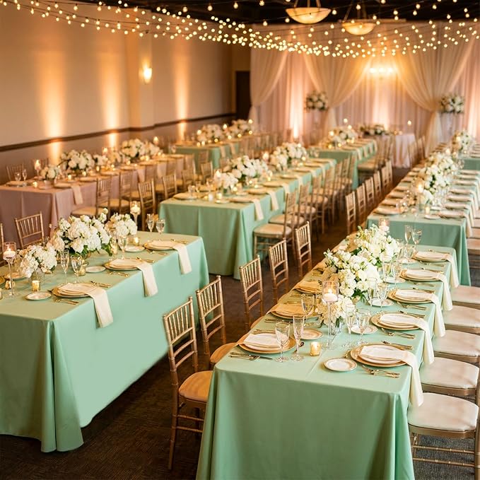 8 Pack Light Green Tablecloth 60 x 102 Inch Rectangular Green Table Cloth for 6 Foot Rectangle Tables, Wrinkle Resistant Washable Polyester Fabric for Wedding Party Banquet Buffet and Camping