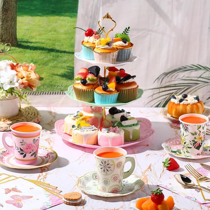 Layhit 83 Pcs Disposable Tea Party Set with 3 Tier Cake Stand Vintage Floral Paper Cups Plates Napkins Cutlery for Women Girls Birthday Baby Shower Bridal Shower Tea(Classic)