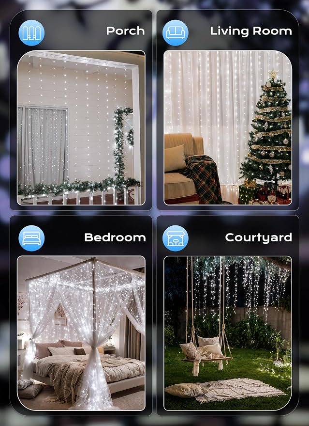 Brightown 300 LED Fairy Curtain Lights, 9.8ft x 9.8ft String Lights, USB Plug in 8 Lighting Modes Christmas String Hanging Lights with Remote for Bedroom Indoor Outdoor Party Xmas White 1 Pack