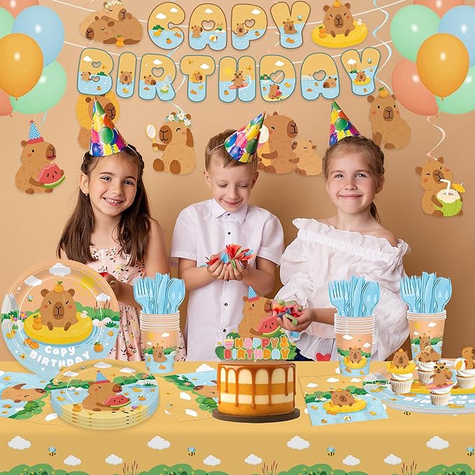 180pcs Summer Capybara Party Supplies Plates Tableware Set Include Plates, Napkins, Cups, Cutlery, Balloon, Banner, Cake Topper, Hanging Swirl, Tablecloth, Capybara Birthday Decorations Serve 20