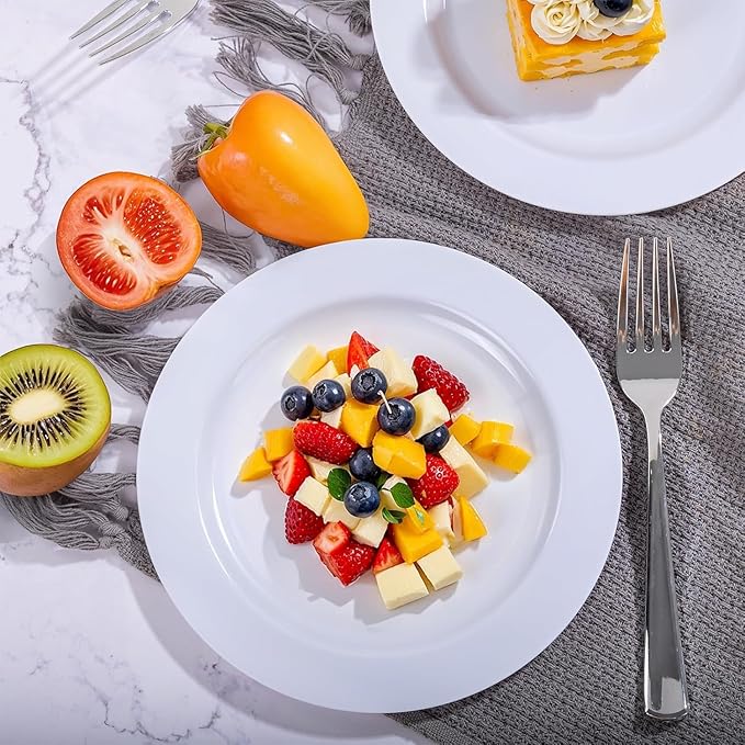 WELLIFE 100 Pieces White Plastic Dessert Plates with 100pcs Silver Disposable Forks, Premium Hard Salad Plate 7.5”, Appetizer Plastic Plates for Wedding, Party