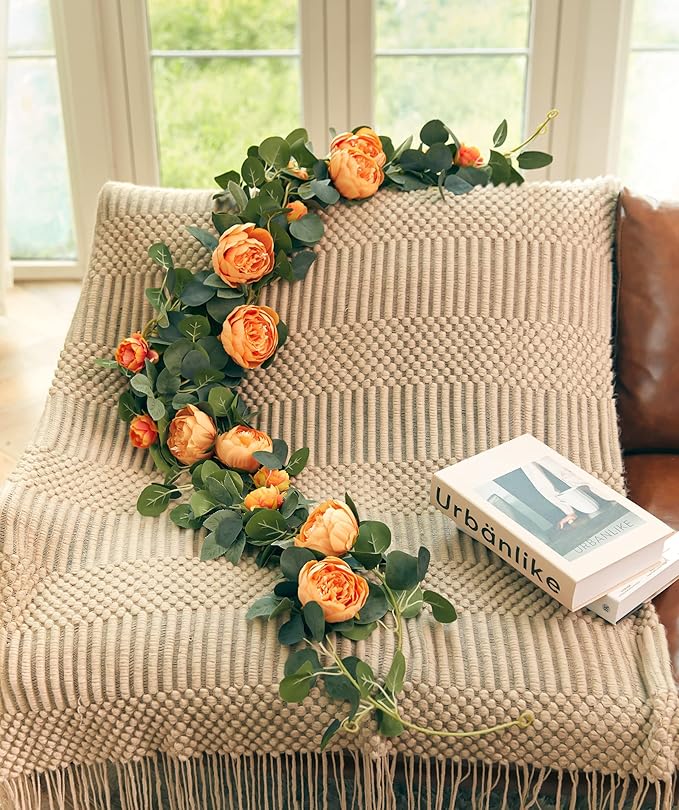 MISSPIN 2pcs Artificial Flowers Garland Spring Eucalyptus Garland Vintage Fake Flower Peony Rose Vine Greenery Decorative Wall Hanging Plant for Wedding Arch Door Arrangement Party Decor
