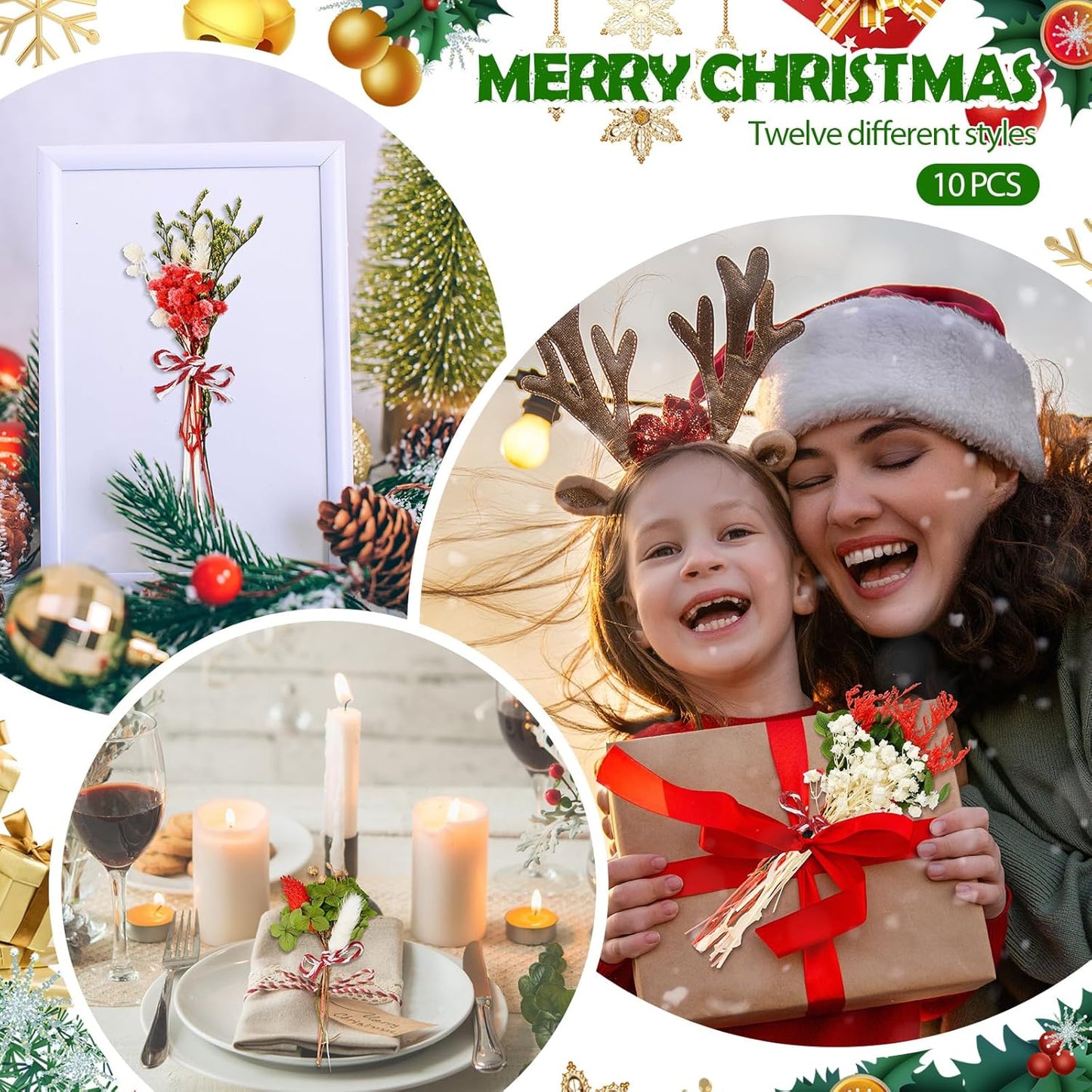 10/12/24/36 Pack Mini Dried Flowers for Vase Wedding Various Mini Bouquet Dried Small Wildflowers Natural Flowers Bulk for Crafts DIY Decor (12, Christmas Color)