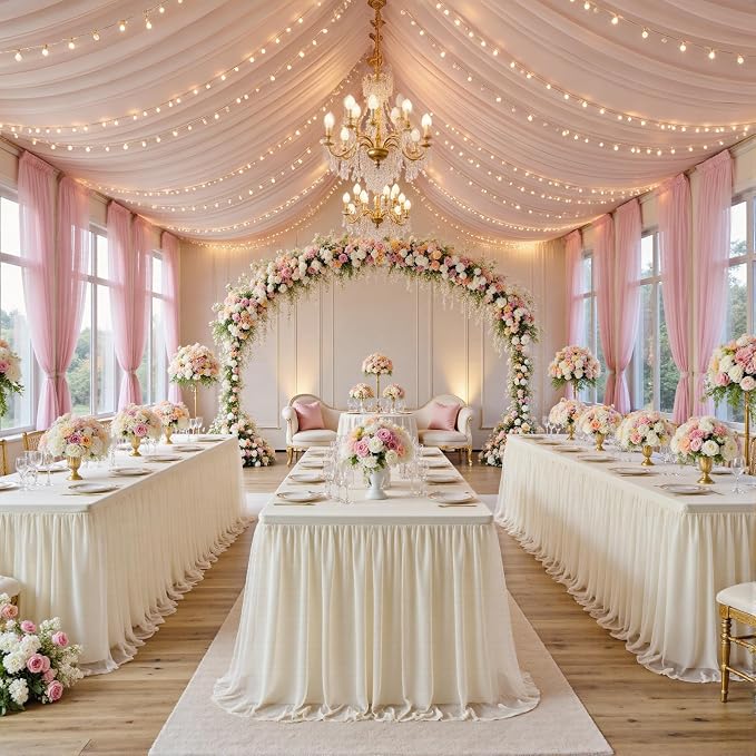 leegleri 2 pk 6ft Champagne Tulle Tablecloth for Rectangle Tables, 2-in-1 Table Covers with Tulle Skirt,Wrinkle Free Stretchy Ruffle Tulle Table Cloths Fitted for Wedding Party Banquet Vendor