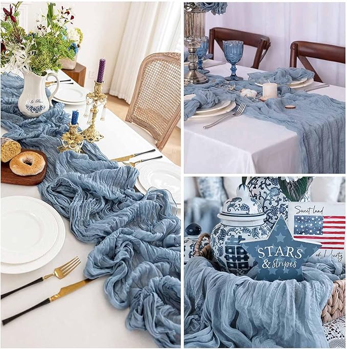 Dusty Blue Cheesecloth Table Runner 21x120 Inch Gauze Table Runners Reusable Polyester 10ft Boho Rustic Cheese Cloth Table Runner for Wedding Party Baby Shower Birthday