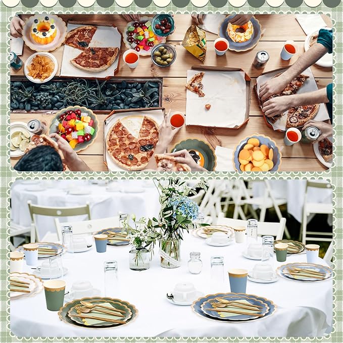Mimorou 169 Pcs Blue and Sage Green Plates and Napkins Party Supplies for Guests Dusty Blue Tableware Include Scalloped Plates Paper Napkin Cup Spoon Fork Knife for Baby Shower, Wedding, Birthday