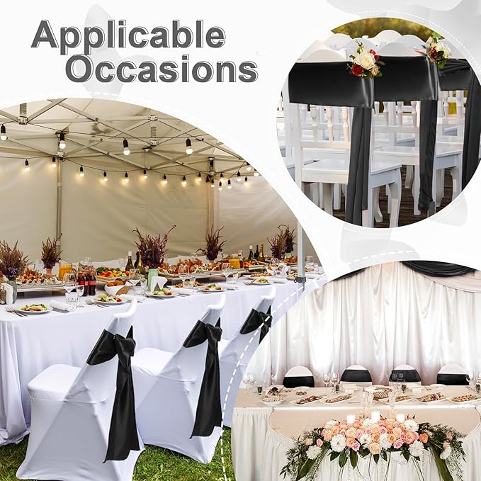 Lounsweer 50 Pcs Folding Chair Cover Set with 25 Stretch Spandex Slipcovers 25 Satin Chair Sashes Bows Ribbon Washable Banquet Protector for Wedding Event Party(White, Black)