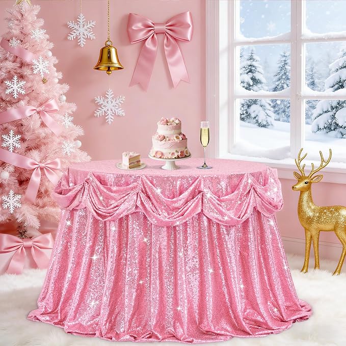 B-COOL Sequin Tablecloth Round Party Decorations: 132 Inch Tablecloths Sequin Overlay Glitter Fabric for Indoor and Outdoor Gathering Parties Fuchsia Pink