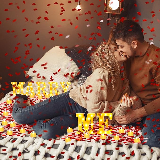 Fumete 4080 Pcs Marry Me Sign Proposal Decorations Lighted Marry Me Letters with 72 Pcs Romantic Heart Candles 4000 Pcs Rose Petals USB Romantic Night Light for Valentine Engagement Wedding(Yellow)