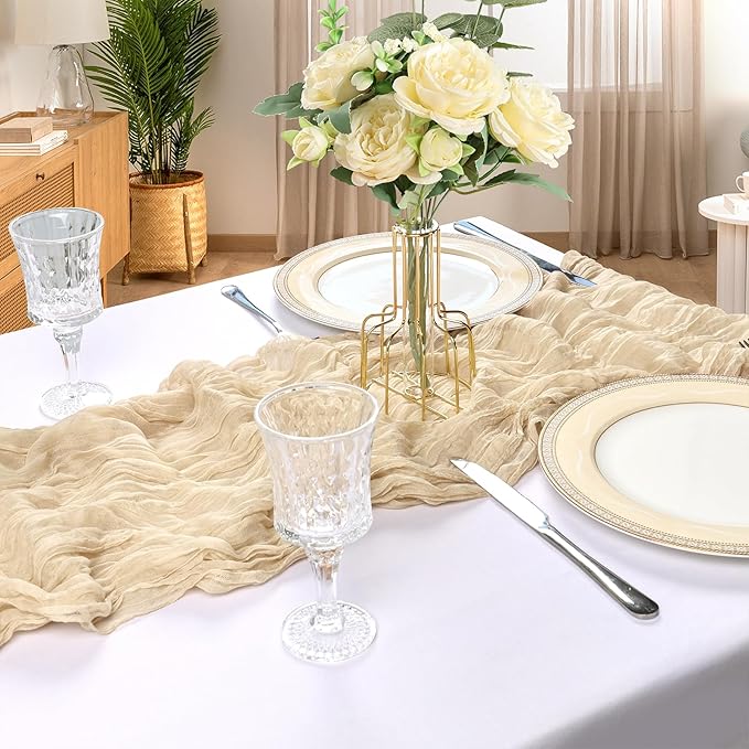12 Pack 10FT Beige Cheesecloth Table Runner 120 Inch Long Gauze Rustic Boho Spring Cheese Cloth Table Runner Sheer Fabric Decorations for Holiday Party Wedding Banquet Bridal Baby Shower Décor
