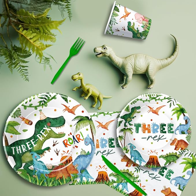 Srua Don Dinosaur 3rd Birthday Party Supplies Decorations, Dino Theme Three Rex Birthday Decorations, Paper Plates, Cups, Napkins, Tablecloth, Disposable Cutlery, Swirls, Banner, Serves 24