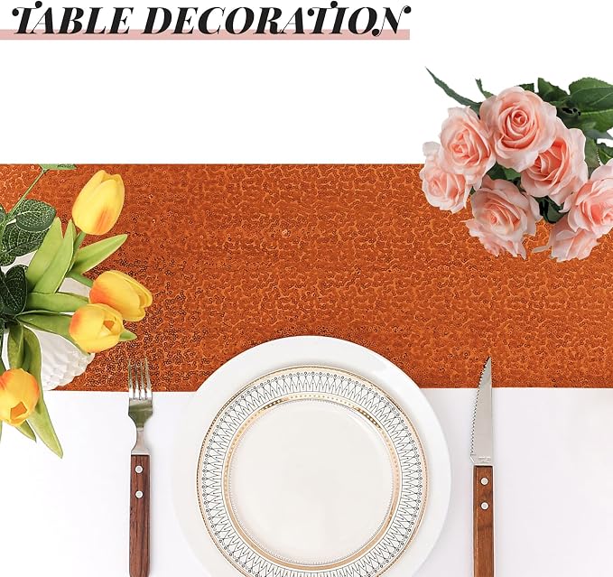 Sugargirl 10 Packs 12 x 72 inches Sequin Table Runner, Glitter Orange Table Runner for Birthday Party Supplies Wedding Holiday Celebration Event Decorations