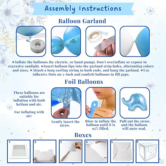 187 Pc Elephant Baby Shower Decorations for Boy - Blue Balloon Garland Kit | 2025 Family Choice Award winner - reusable Oxford-cloth backdrop (not paper), BABY BOY boxes, banner & printable games