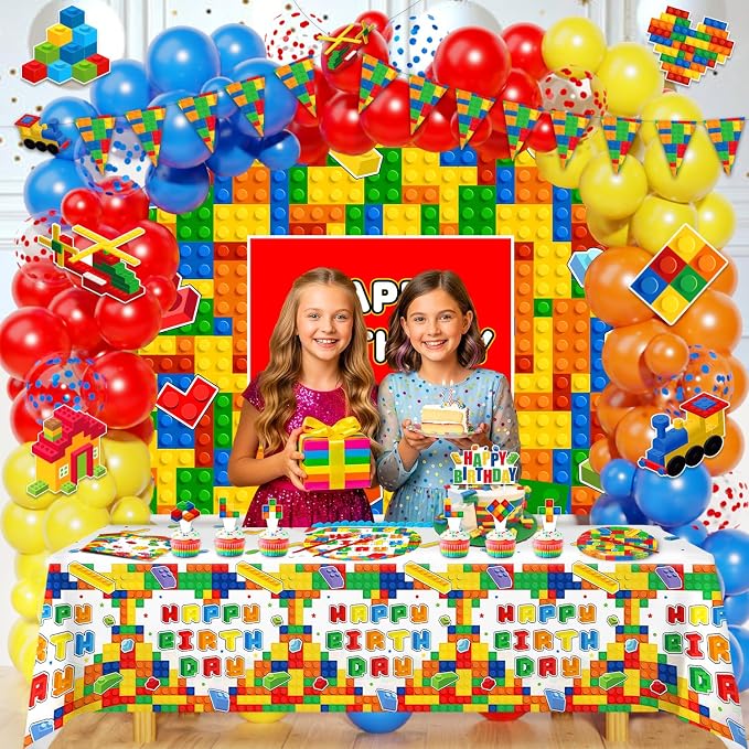 Building Block Birthday Party Decorations with Balloon Arch Kit, Banner, Backdrop, Wall Signs, Tablecloth, Plates, Napkins, Forks, Cake Topper, Cupcake Toppers