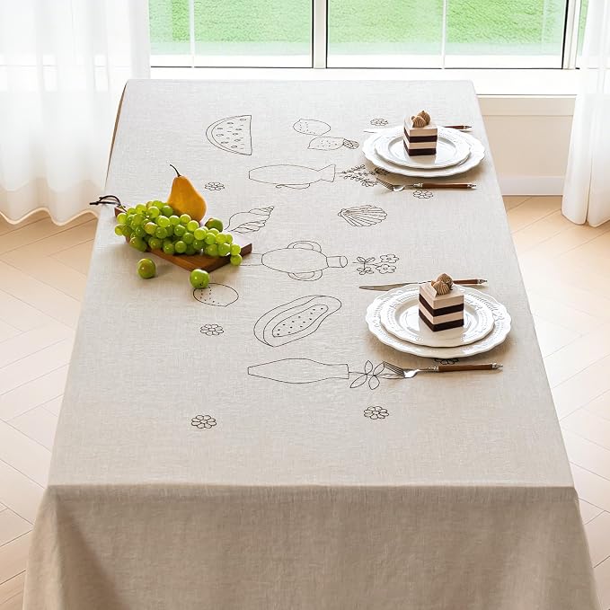 Linen World Embroidered Linen Tablecloth Large 70x118inch,100% French Linen Pre-Washed Table Cloth,Natural Flax Table Cover for Elegant Dining,Fruit Embroidery