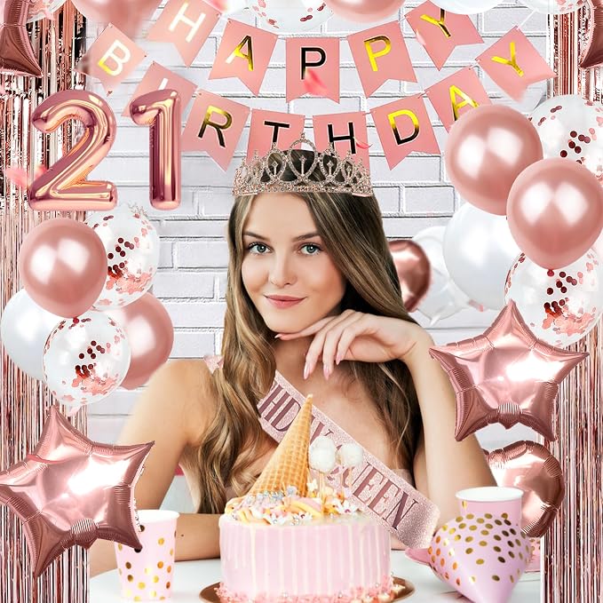 255 Pcs Rose Gold 21th Birthday Decorations for Women – Party Decoration Supplies Kit with “Happy Birthday” Banner, Balloons, Crown, Sash, Cake Topper, Tableware & Fringe Curtain for 25 Guests
