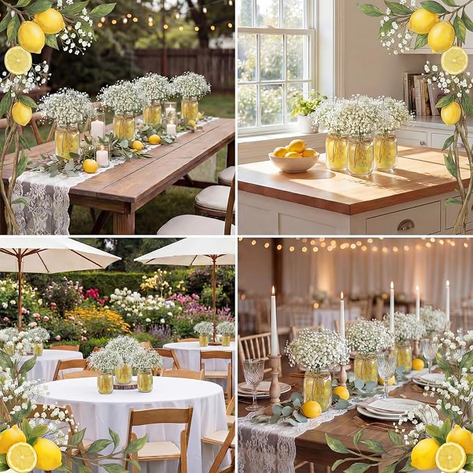 Suncalla 49 Pcs/6 Set Lemon Table Centerpiece Baby Breath Mason Jar with Burlap Fake Lemon Slices Gypsophila Centerpiece Decor for Engagement Party Bridal Shower Wedding Reception Picnic Table Decor
