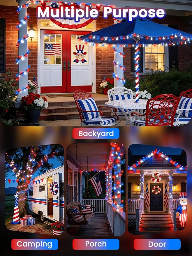 2-Pack 80 LED Red White and Blue Solar String Lights Outdoor - Waterproof 39FT Globe LED Solar Patriotic American Flag Lights with 8 Modes, 4th of July Decorations for Independence Day Memorial Day