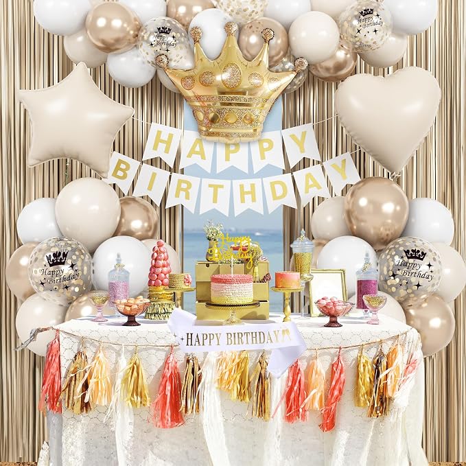 Birthday Decorations for Women, Champagne Gold Birthday Decortion White Beige Neutral Cream Gold Latex Balloons Banner Fringe Curtain for Women Girls Boho Party Supplies