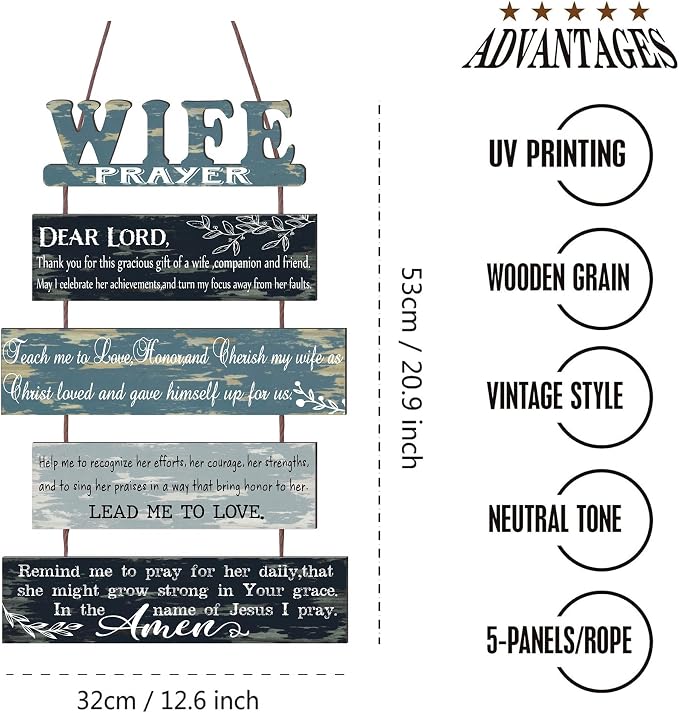 Prayer for Wife Rustic Wall Sign with 5pcs Panels Strung Together - Christian Religious Farmhouse Hallway Family Decor - Sweet Warming Gifts for Women,Couples